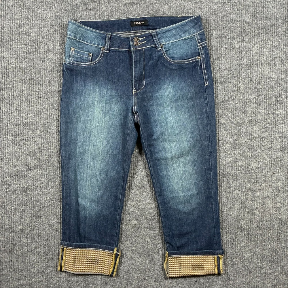 SUKO Jeans Womens Capri Size 10 Blue Denim Studded‎ Gold Cuffed Mid Rise Casual